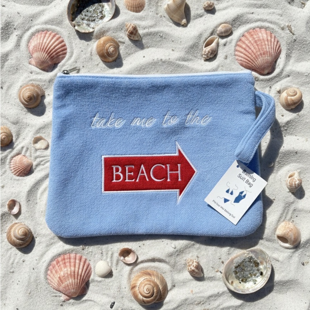 Embroidered Beach Wet Swimsuit Bag Light Blue Cloth Swimsuit Pouch with Wristlet